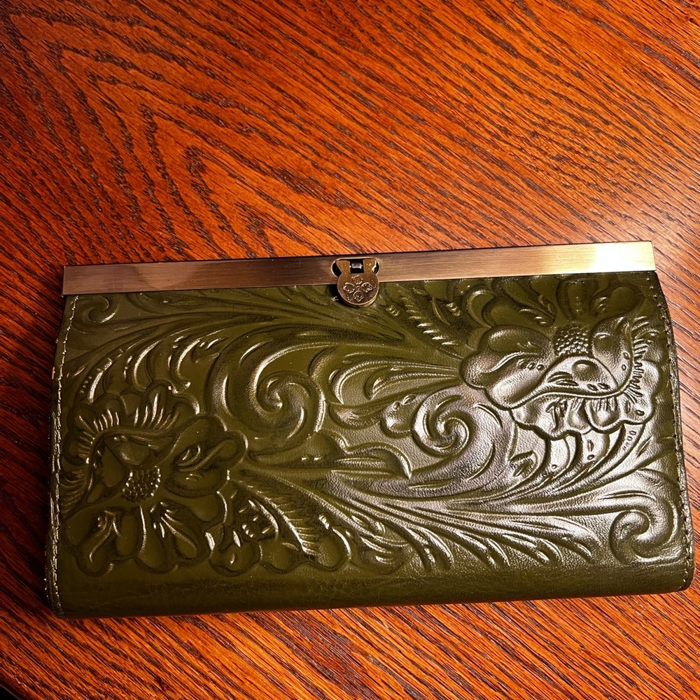 Patricia Nash Olive Green Embossed Leather Clutch